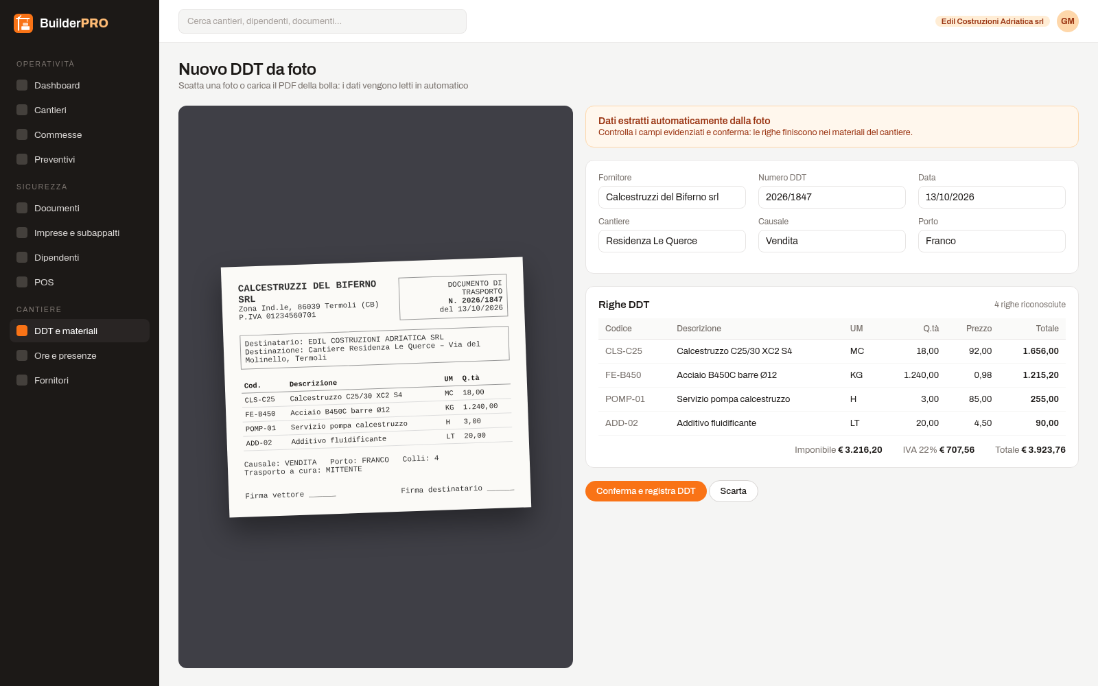 Registrazione DDT di cantiere con lettura automatica OCR